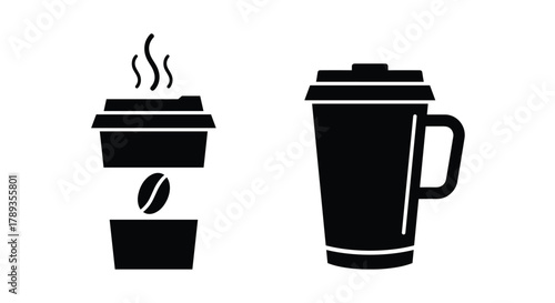 Black and white vector icons of a steaming disposable coffee cup with a bean logo and a reusable travel mug, perfect for coffee-related designs.