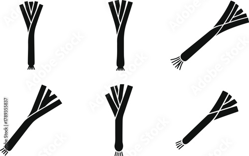 Set of six black leek vegetable silhouette vector icons and variations