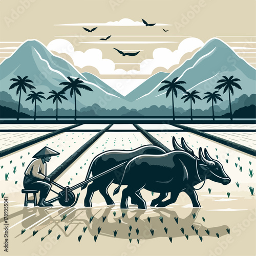 Illustration of a farmer with a buffalo carrying a plow in the rice field
