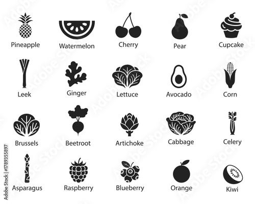 Huge collection of over 20 minimalist black healthy food and fruit silhouette vector icons