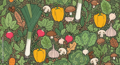 A vibrant and wholesome seamless pattern featuring a variety of freshly harvested vegetables, mushrooms, and garlic on a textured background.