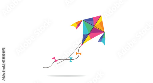 A vibrantly colored geometric kite, designed with multiple bright panels, soars gracefully through the air, featuring a decorative long tail.