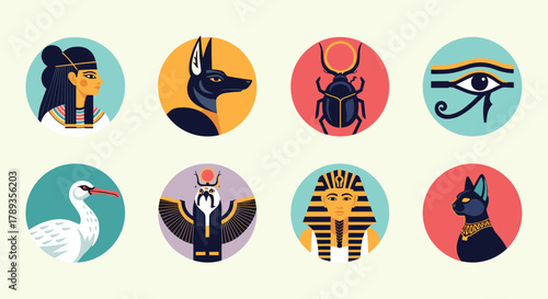 Vibrant collection of ancient Egyptian symbols, gods, pharaohs, and animals represented in a modern, flat vector illustration style.