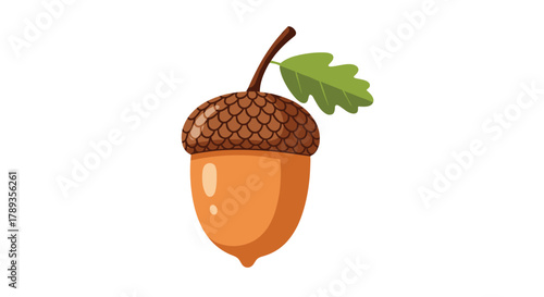 A charming cartoon illustration of an autumn acorn with a brown cap, an orange nut, a stem, and a green oak leaf, isolated on a white background.
