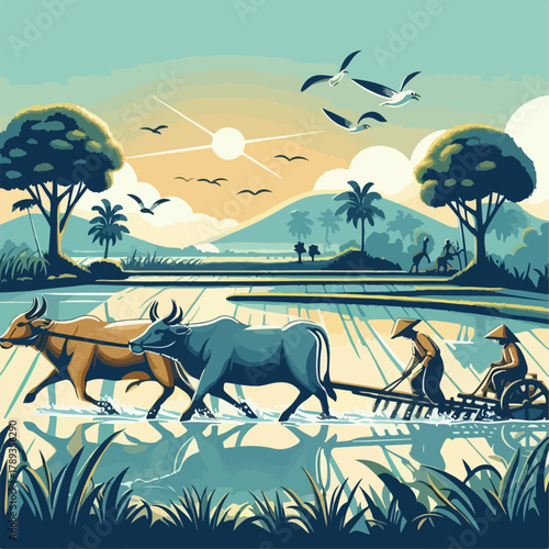 Illustration of a farmer with a buffalo carrying a plow in the rice field