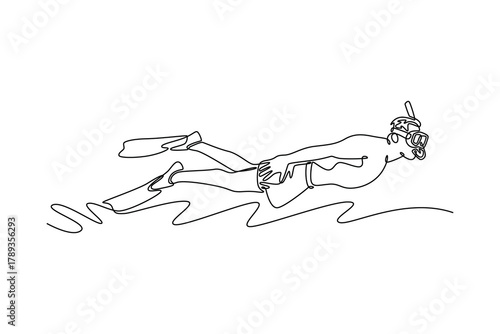 Man diving with a mask and fins. Travel experience concept. Single line draw design. Vector graphic illustration