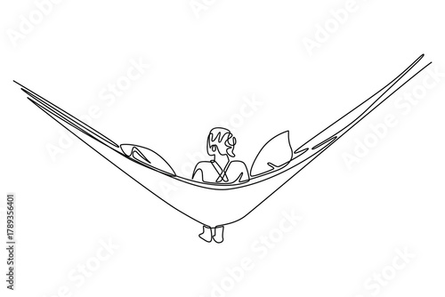 Young woman relaxing in wicker hammock on the sandy beach. Travel experience concept. Single line draw design. Vector graphic illustration