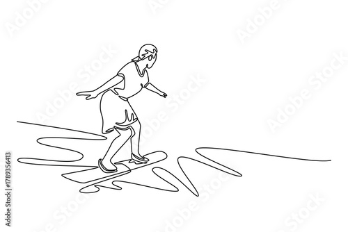 woman on vacation in Dubai sandboarding at the sand dunes of Dubai. Travel experience concept. Single line draw design. Vector graphic illustration