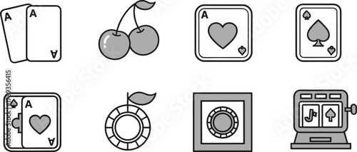 Casino icons set with playing cards, cherries, poker chips, and slot machine symbols for gambling, entertainment, and gaming design.