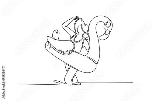 travel woman sunbathing relaxing with swimming pool pink flamingo float. Travel experience concept. Single line draw design. Vector graphic illustration