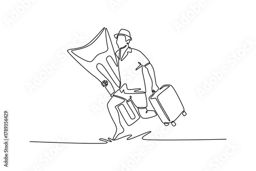 young traveler tourist asian man in summer clothes hat hold suitcase inflatable mattress run. Travel experience concept. Single line draw design. Vector graphic illustration