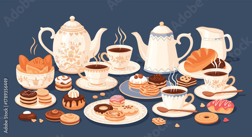 An elegant display of steaming coffee and tea in decorative cups, accompanied by a variety of pastries, cookies, and sweet treats on a dark background.