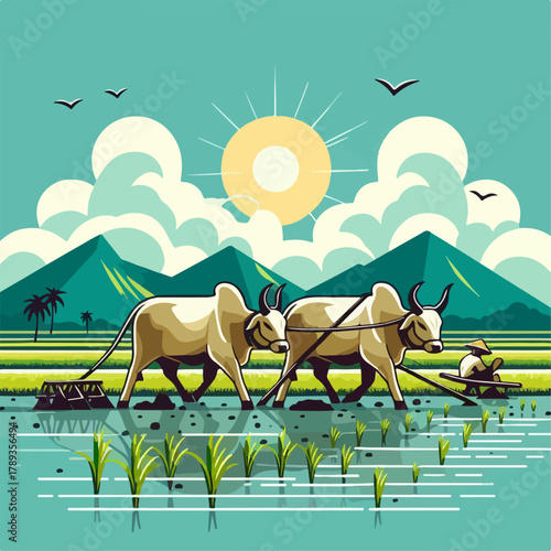 Illustration of a farmer with a buffalo carrying a plow in the rice field