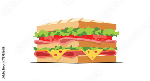 A vibrant illustration of a classic club sandwich, meticulously crafted with layers of ham, cheese, crisp lettuce, and fresh tomatoes between toasted bread.