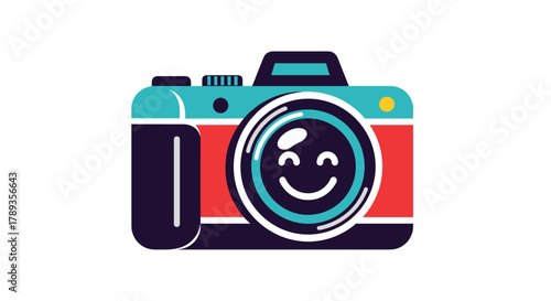 A cheerful and colorful retro-style camera illustration with a smiley face in the lens, isolated on a white background.