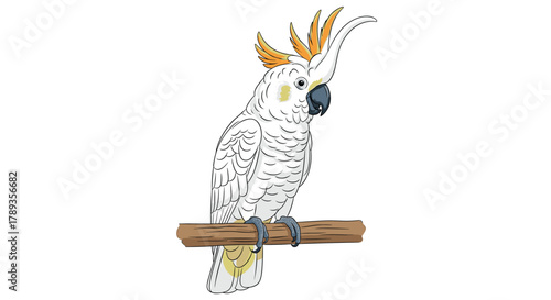 A cheerful cartoon illustration of a white cockatoo with a vibrant yellow crest perched gracefully on a wooden branch.