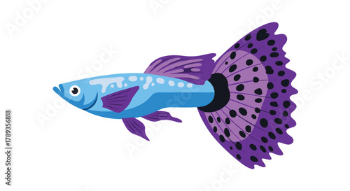 A beautiful blue guppy fish with striking purple fins and a large, spotted fan tail, rendered in a cheerful flat design style on a white background.