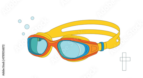 A vibrant pair of yellow, orange, and blue swimming goggles with playful water bubbles, representing aquatic sports and summer fun.