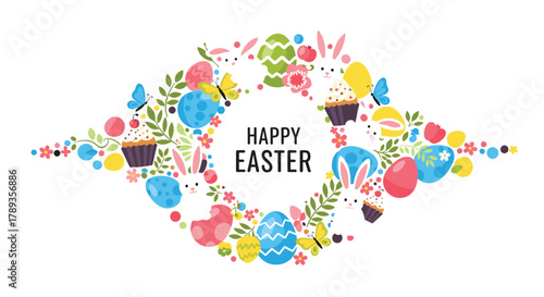 Festive flat-design Easter wreath illustration with cute bunnies, vibrant eggs, spring flowers, and delicious cupcakes framing 'Happy Easter' message.