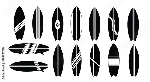 Assortment of black and white vector illustrations of surfboards featuring various stripe patterns and decorative designs.