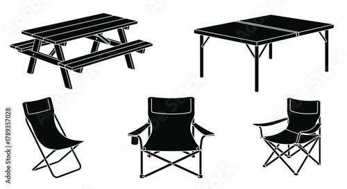 A collection of portable outdoor furniture, including a classic picnic table, a modern folding table, and various types of camping chairs.