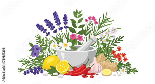 A vibrant collection of natural medicinal herbs, fruits, and spices with a mortar and pestle, representing traditional remedies and holistic wellness.