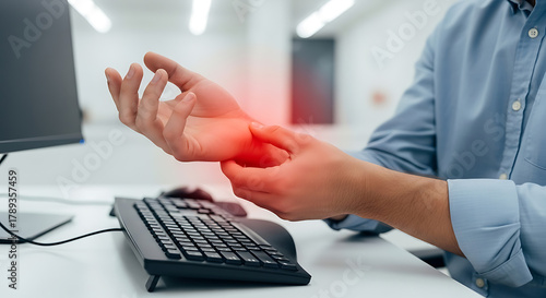 Office worker holding painful wrist at computer desk, suffering from carpal tunnel syndrome or repetitive strain injury.