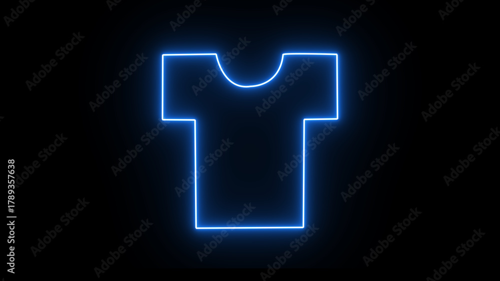 Obraz premium A bright blue neon outline of a t-shirt is glowing against a dark black background, creating a modern and minimalist abstract representation of clothing and fashion.