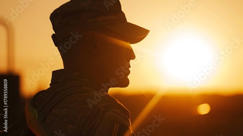 silhouette of a soldier at sunset, symbolizing reflection, resilience, emotional healing, and the quiet strength of veterans after war and recovery.