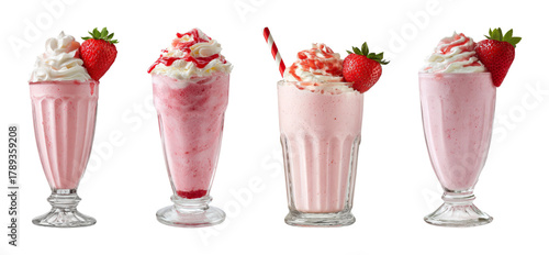 Four decadent strawberry milkshakes with whipped cream and fresh fruit garnish, perfect for summer refreshment and menu design, PNG set with transparent background