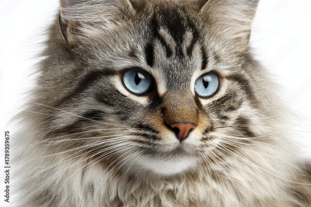 Naklejka premium Charming gray tabby kitten portrait on white backdrop with soft fur and curious expression