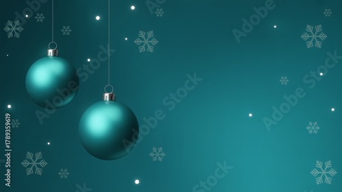 Elegant turquoise Christmas ornaments dangle against a festive snowflake backdrop