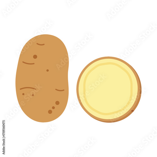 Whole and Sliced Potato Illustration on White Background.