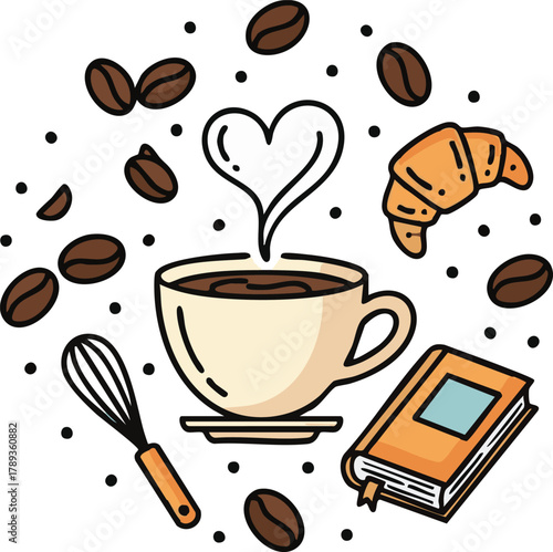 A delightful illustration of a steaming cup of coffee, a freshly baked croissant, a book, and scattered coffee beans, evoking a cozy morning or a relaxing break