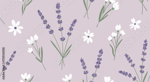 Seamless pattern of delicate lavender sprigs and small white flowers on a soft purple background, perfect for floral designs and backgrounds