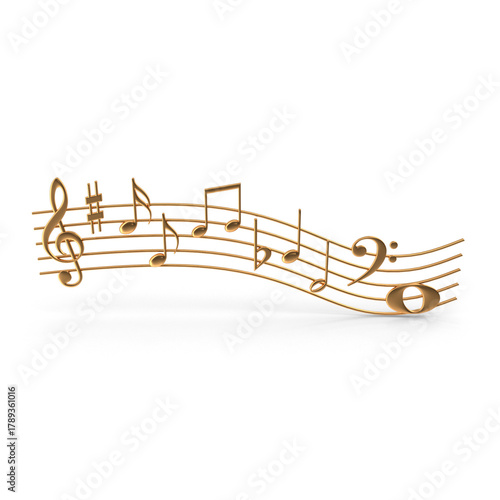 Golden musical notes wave design, angled view