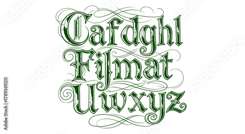 Ornate green calligraphic alphabet letters with elegant flourishes