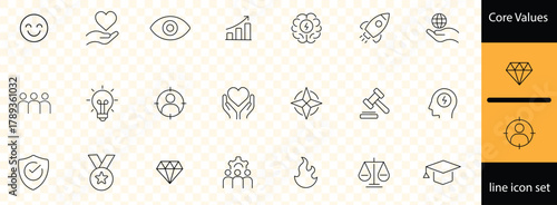 Core value set of web icons in line style. Core values icons for web and mobile app. Performance, innovation, goals, integrity, customer, commitment, quality, teamwork. 