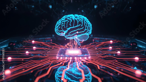 Futuristic glowing brain connected to digital network, showcasing artificial intelligence and advanced technology, ideal for innovation and science projects