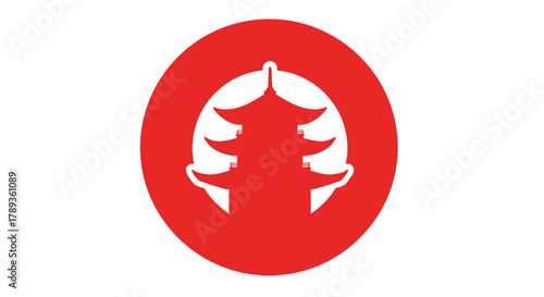 Japanese pagoda icon in red circle, asian temple symbol design