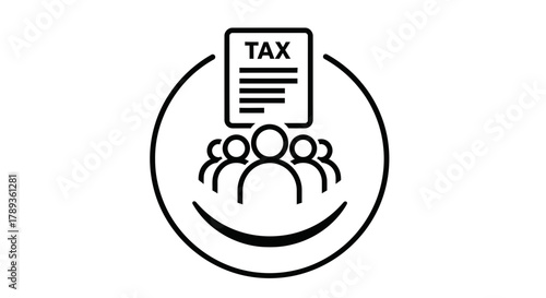 Group of people with tax document and smiling community icon.