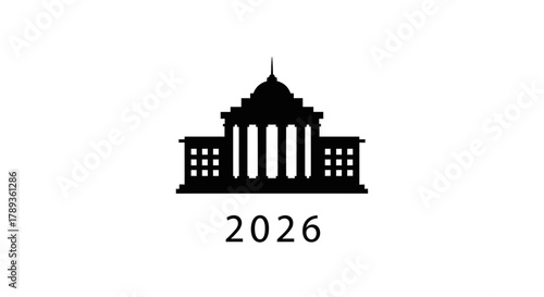 Government building silhouette icon with year 2026 for future plans