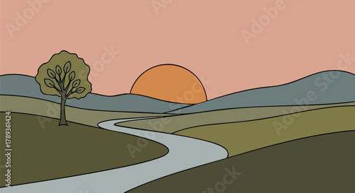 Serene landscape illustration with a winding river flowing through rolling hills under a soft pastel sunset, featuring a lone tree on the left
