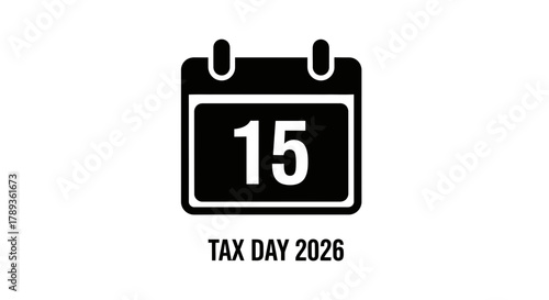 Black calendar icon displaying the date 15 and tax day 2026 concept
