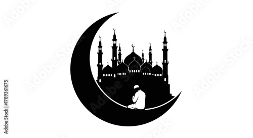 Muslim prayer silhouette on crescent moon with mosque vector.
