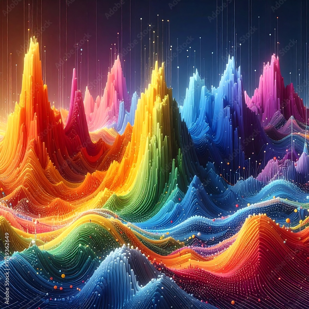 Obraz premium A vibrant, colorful digital artwork featuring stylized mountainous shapes in rainbow hues. Light streaks are scattered