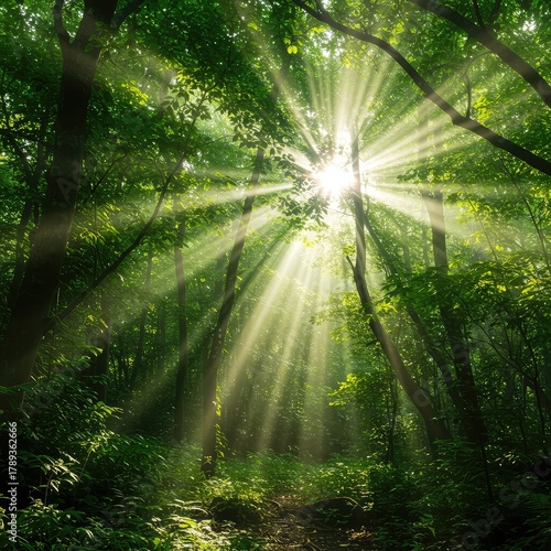 A stunning ray of intense sunlight piercing through dense, vibrant green forest canopy, highlighting lush undergrowth and natural textures ,shining ,beam ,sunbeam