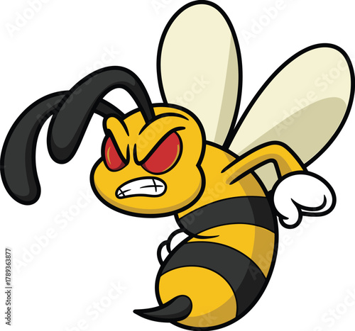 Angry cartoon bee illustration with fierce red eyes and clenched fists, aggressive flying insect character in bold comic art style
