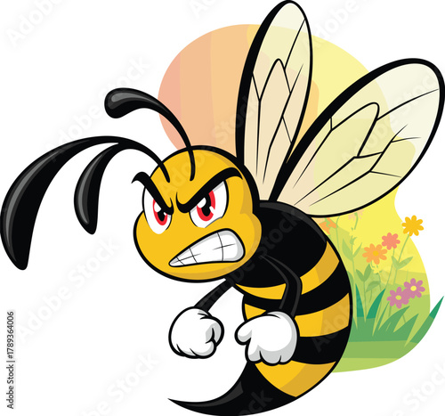 Angry cartoon bee illustration with fierce red eyes and clenched fists, aggressive flying insect character in bold comic art style
