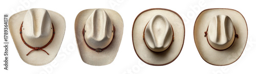 Authentic Western cowboy hat collection, natural straw weave, rich leather trim, isolated on black, ideal for rustic fashion and adventure branding PNG set with transparent background